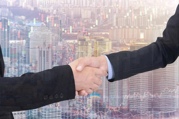 Business handshake with city background, Double exposure style — Stock Photo, Image