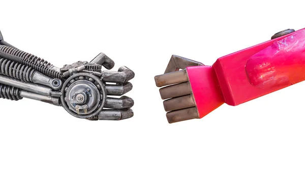 Uścisk dłoni cyber metalowe lub robota wykonana z mechanicznym oczkowe — Zdjęcie stockowe