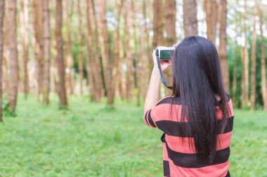 Genç kadın turist ile fotoğraf makinesi ve çam ormanı içinde alarak fotoğraf