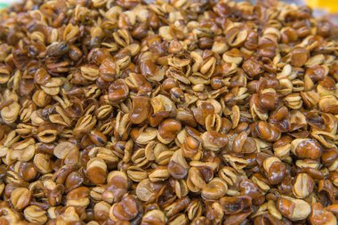 Bakla veya fava fasulyesi, kavrulmuş ve marke tuzlu yığını