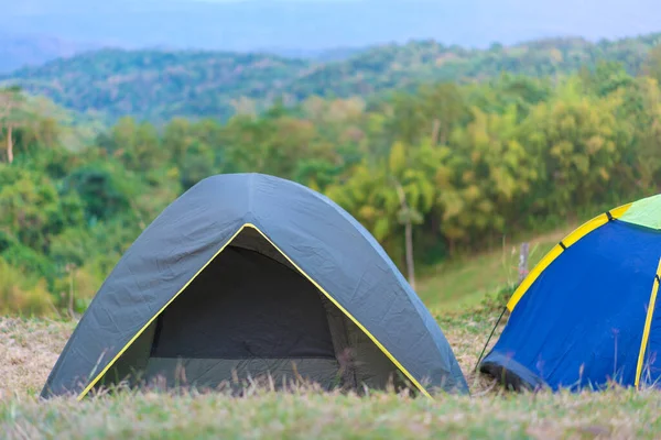 Tourist tent in camp among meadow in the mountain at national pa — Stock Photo, Image