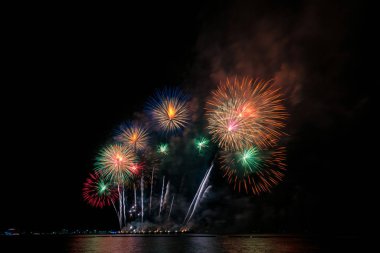 Kutlama ile geceleri çeşitli renklerin renkli havai fişek