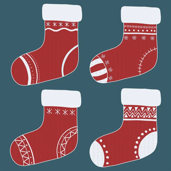 Retro cartoon template with set of christmas red socks with decorative ornament on green backdrop. — ストックベクタ