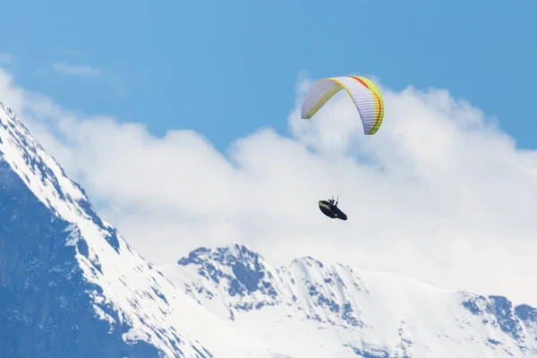 Létající paraglidista ve švýcarských Alpách na Bernské vrchovině, hory, — Stock fotografie