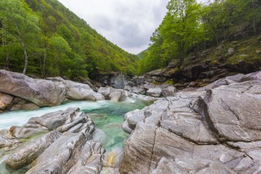 Doğal kaya oluşumları ve yeşil orman ve bulutlarla Verzasca nehri.