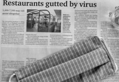 Yerel gazete, konukseverlik, restoranlar, turizm sektörü gibi ekonomiye virüs etkisi olduğunu bildiriyor. Bilgiler işsizlik oranının yükseldiğini gösteriyor. Siyah ve beyaz tonda temsil et.