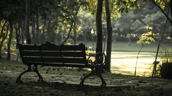 Banco Del Parque Madera Vacío Con Vistas Lago Estanque Relajante — Foto de Stock