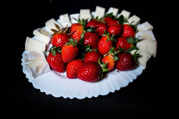 Large Strawberries Black Background — Stockfoto