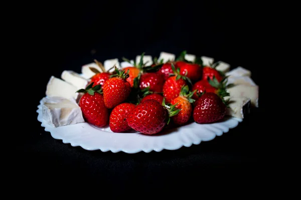 Large Strawberries Black Background — Stockfoto