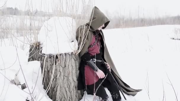 Caballero Invierno Con Una Espada — Vídeos de Stock