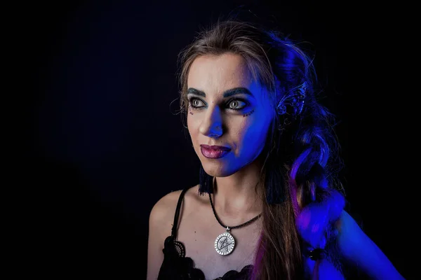 Girl Werewolf Style Black Background Blue Light — Stock Photo, Image