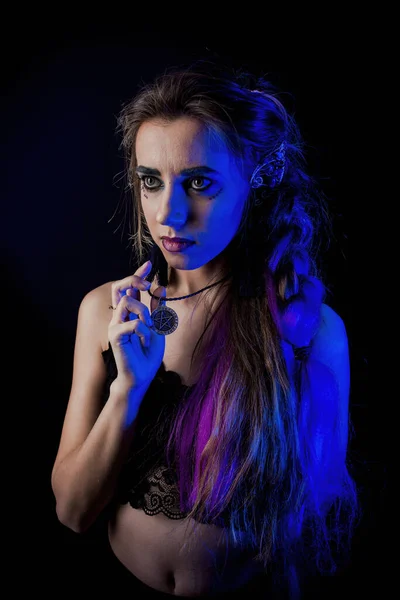 Girl Werewolf Style Black Background Blue Light — Stock Photo, Image