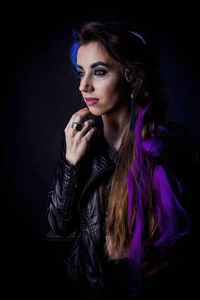 Girl Werewolf Style Black Background Blue Light — Stock Photo, Image