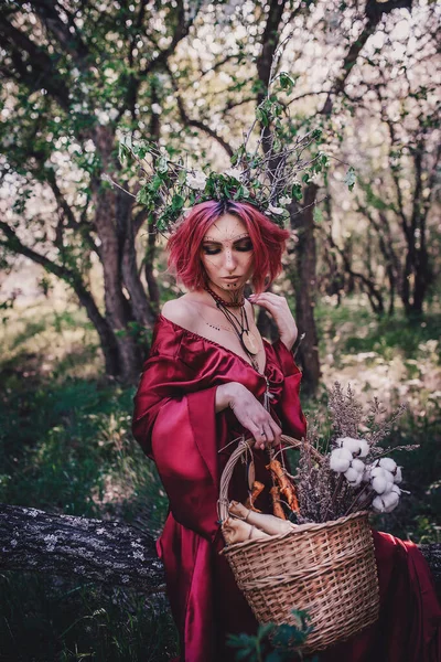 Girl Red Red Hair Form Druid Apple Trees — Stock Photo, Image