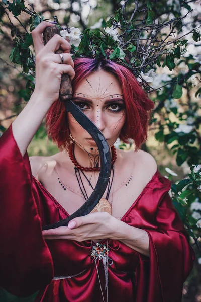 Girl Red Red Hair Form Druid Apple Trees — Stock Photo, Image