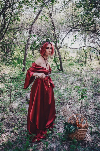 Girl Red Red Hair Form Druid Apple Trees — Stock Photo, Image