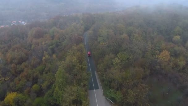 Czerwony autobus jadący po mglistej drodze w lesie. Drone następujące ciężarówki na drodze leśnej — Wideo stockowe