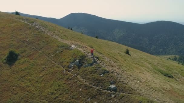 Eenzame wandelaar die over een bergpad loopt. Trekking adventure concept, survival concept — Stockvideo