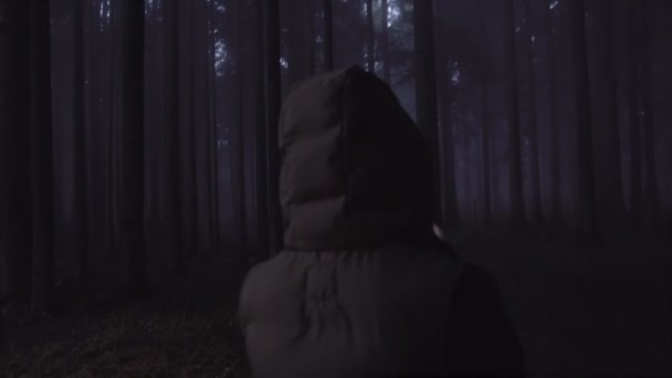Kayıp kişi kavramı. Gecenin karanlığında ormanın derinliklerinde kaybolmuş bir turist çaresiz bir şekilde cep telefonu çekiyor. — Stok video