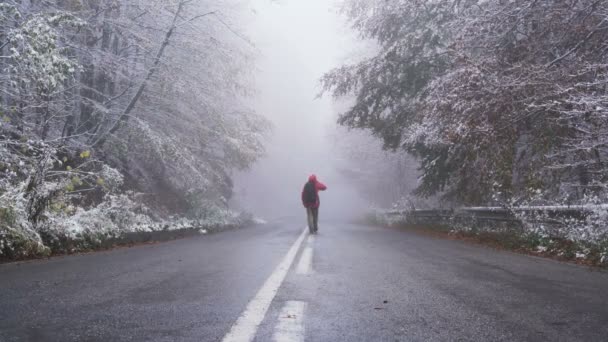 Щасливий чоловік ходить по замерзлій асфальтовій дорозі, несучи рюкзак в зимових умовах — стокове відео