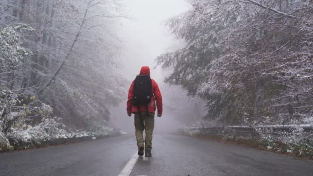 Eenzame man loopt vol vertrouwen over bevroren asfaltweg door bevroren bos — Stockvideo