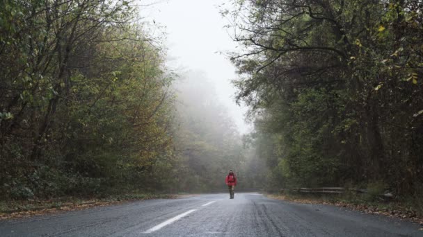 Un uomo sicuro di sé cammina da solo sulla strada solitaria nella foresta — Video Stock