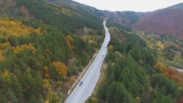 Samochody jadące po asfaltowej autostradzie w górach. Widok drona — Wideo stockowe