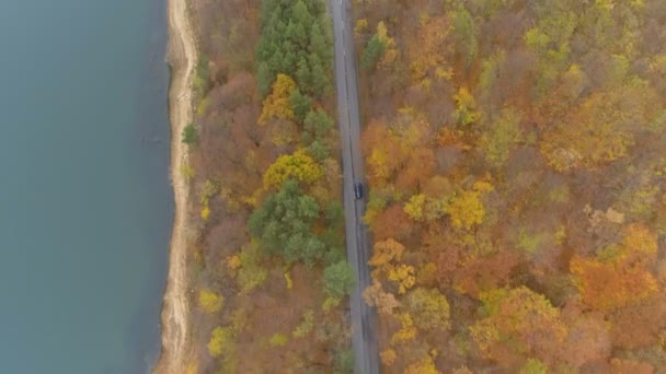 Vue de dessus de voiture noire excès de vitesse sur route asphaltée vide dans la forêt. Vue du dessus de la forêt d'automne près du grand lac 
