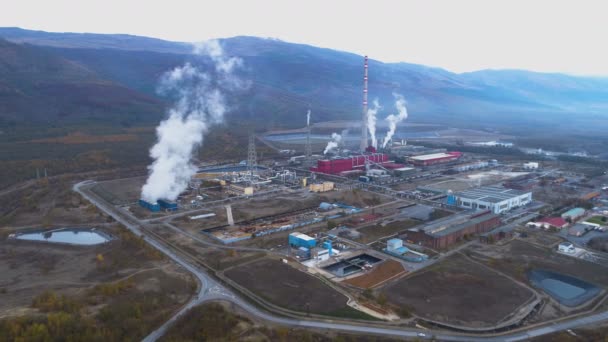 Aerial view of copper smelter and refinery. Air pollution Smoking factory pipes drone view, — Stock Video