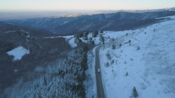 Drone följer stor rigg semi truck kör på slingrande vinter snö väg med snöig skog. — Stockvideo