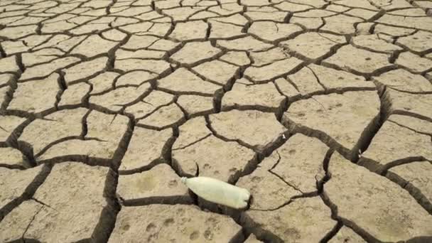 Boden des leeren studena-Staudamms mit leerer Plastikflasche auf der rissigen Erde, Bulgarien — Stockvideo