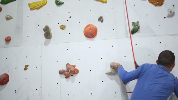 Скалолаз практикуется на стене для скалолазания, внутри с цветными крючками и страховочной линией — стоковое видео