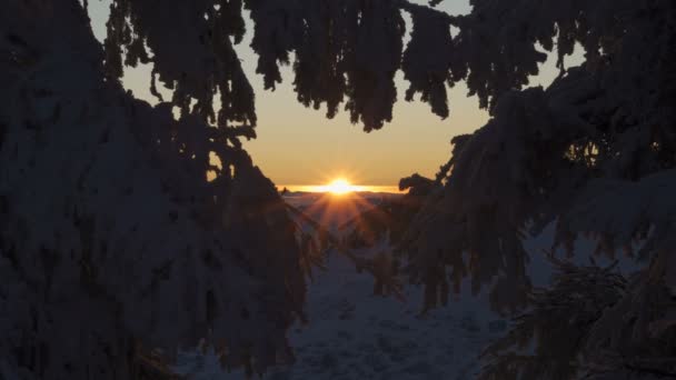 Золотое солнце, спускающееся с горных вершин в живописном зимнем закате — стоковое видео