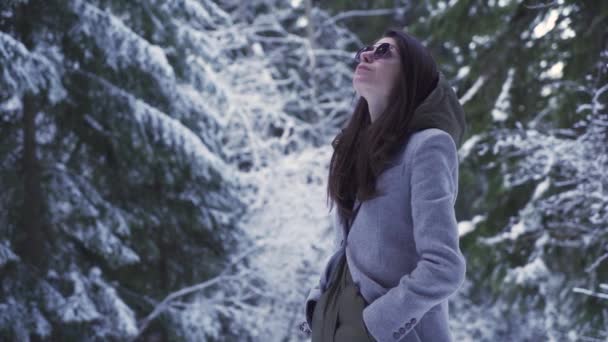 Menina bonita espantada de grandes árvores verdes cobertas de neve — Vídeo de Stock