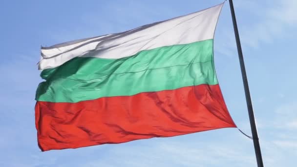 Bulgarische Nationalflagge weht im langsamen Wind gegen blauen Himmel — Stockvideo