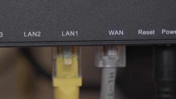 Internet kábelek kezelése a vezeték nélküli router hátoldalán vagy otthoni vagy irodai kapcsoló — Stock videók