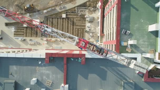 Red crane on construction site. Construction company building office building Business Park Sofia, Bulgaria — Stock Video