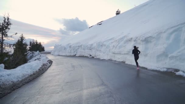 Corredor femenino positivo haciendo ejercicio en día frío en montaña nevada — Vídeos de Stock