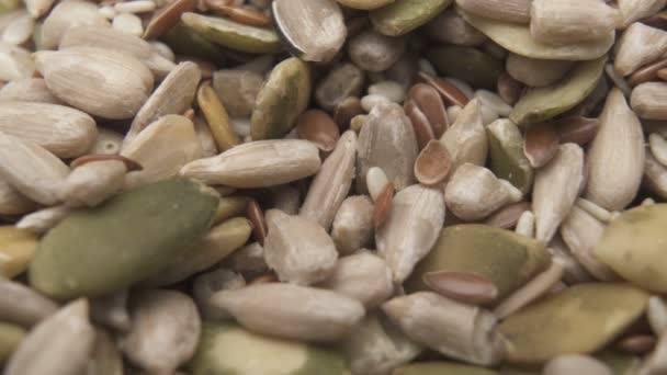 Feche de umas sementes descascadas. Sementes de girassol e abóbora — Vídeo de Stock