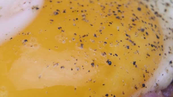 Frying eggs and bacon with black pepper, macro shot — Stock Video
