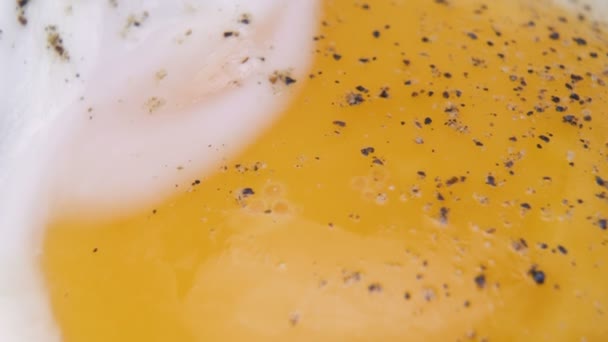 Macro shot d'œufs frits assaisonnés de poivre et de sel avec du bacon — Video