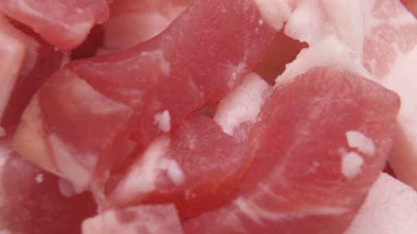 Textura de carne de cerdo cruda. Jamón cortado en cubitos o tocino con rayas de grasa macro shot — Vídeo de stock