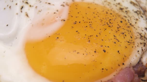 Macro di tuorlo d'uovo dorato. Uovo di pollo bio con pancetta, fritto in padella con pepe e sale — Video Stock