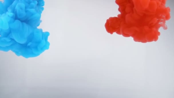 Rode en blauwe kleur verf druppels in het water in slow motion — Stockvideo
