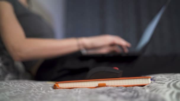Dizüstü bilgisayarla çalışan genç bir kadın. Fare deliği olarak dizüstü bilgisayar kullanıyor. İş kadını kalemle not alıyor — Stok video