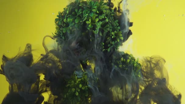 Nube di inchiostro nero che copre albero verde brillante contro sfondo giallo — Video Stock