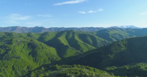Aerial view of rolling green hills and forests