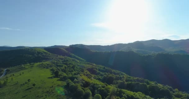 Zdjęcia lotnicze lasów, zielonych wzgórz i łąk pod jasnym słońcem i błękitnym niebem — Wideo stockowe