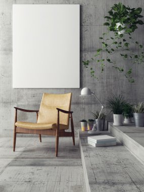 Poster hipster oturma odasında, 3d çizim kadar alay