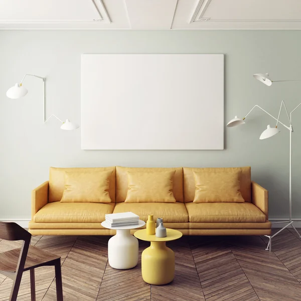 Poster-Attrappe, Innenraumgestaltung, Sofa, Lampe und weißes Poster, 3D-Render — Stockfoto